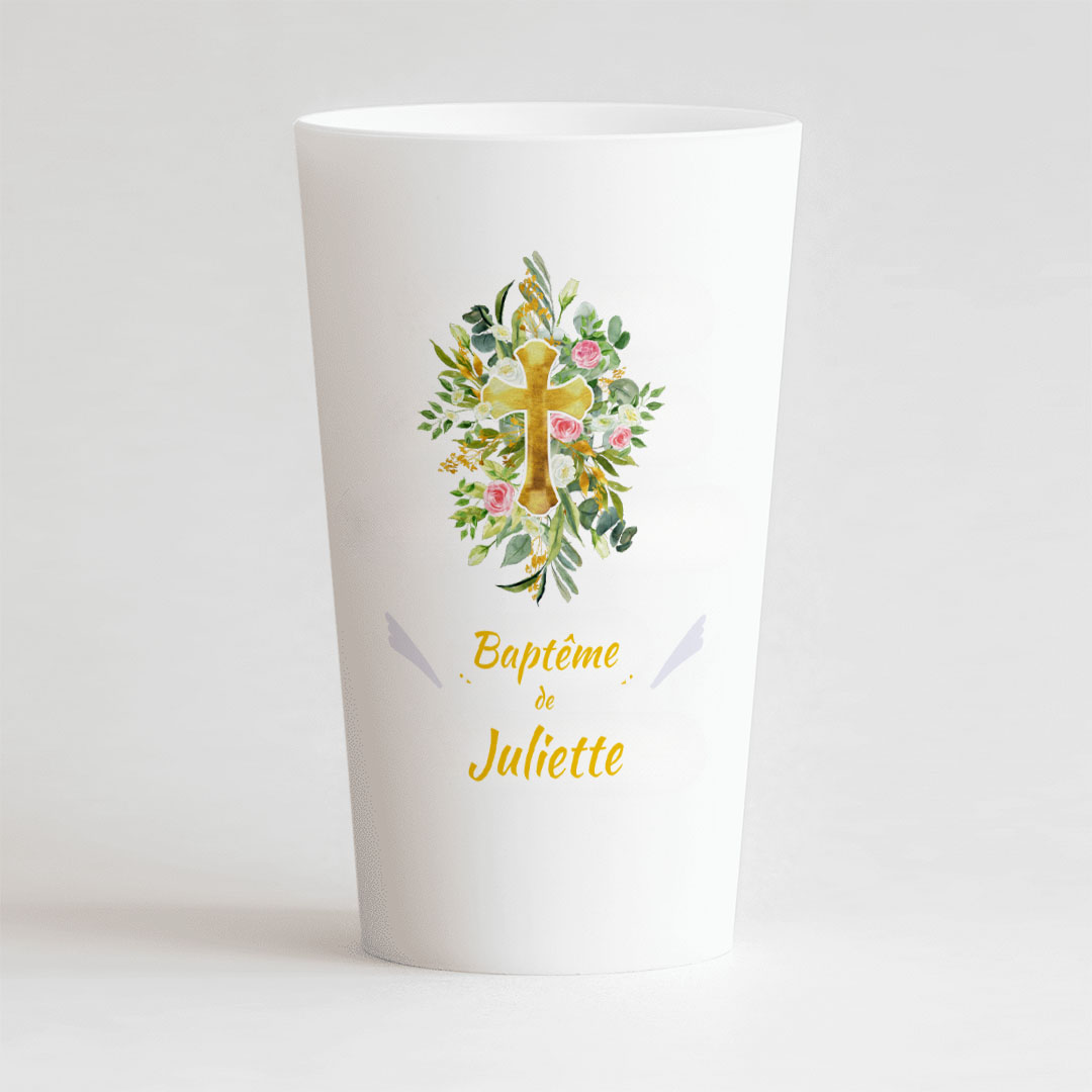 Gobelet Personnalisé Baptême Croix Florale Avec Église Jaune – CUP 25-33 Digital